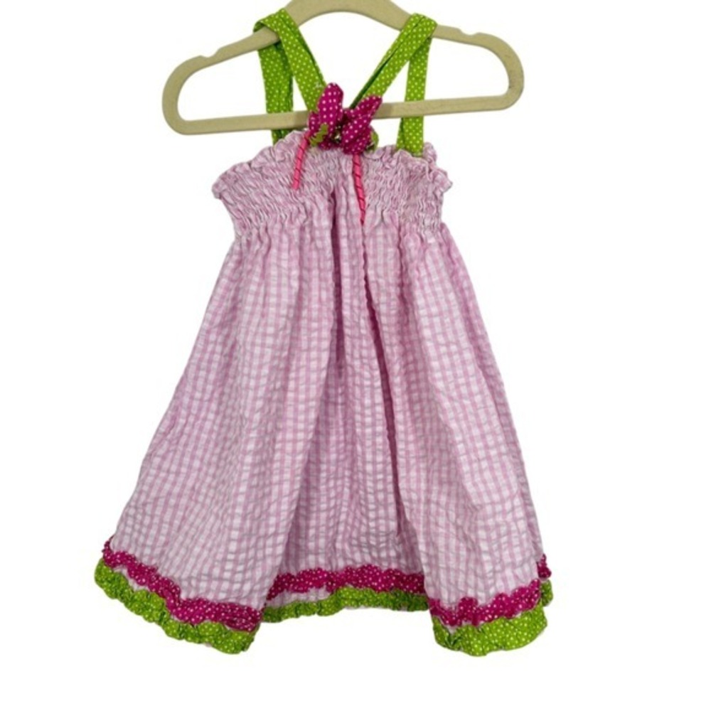 Rare Too‎ Pink Gingham Smocked Dress Green Polka Dot Trim Ruffles Toddler 3T